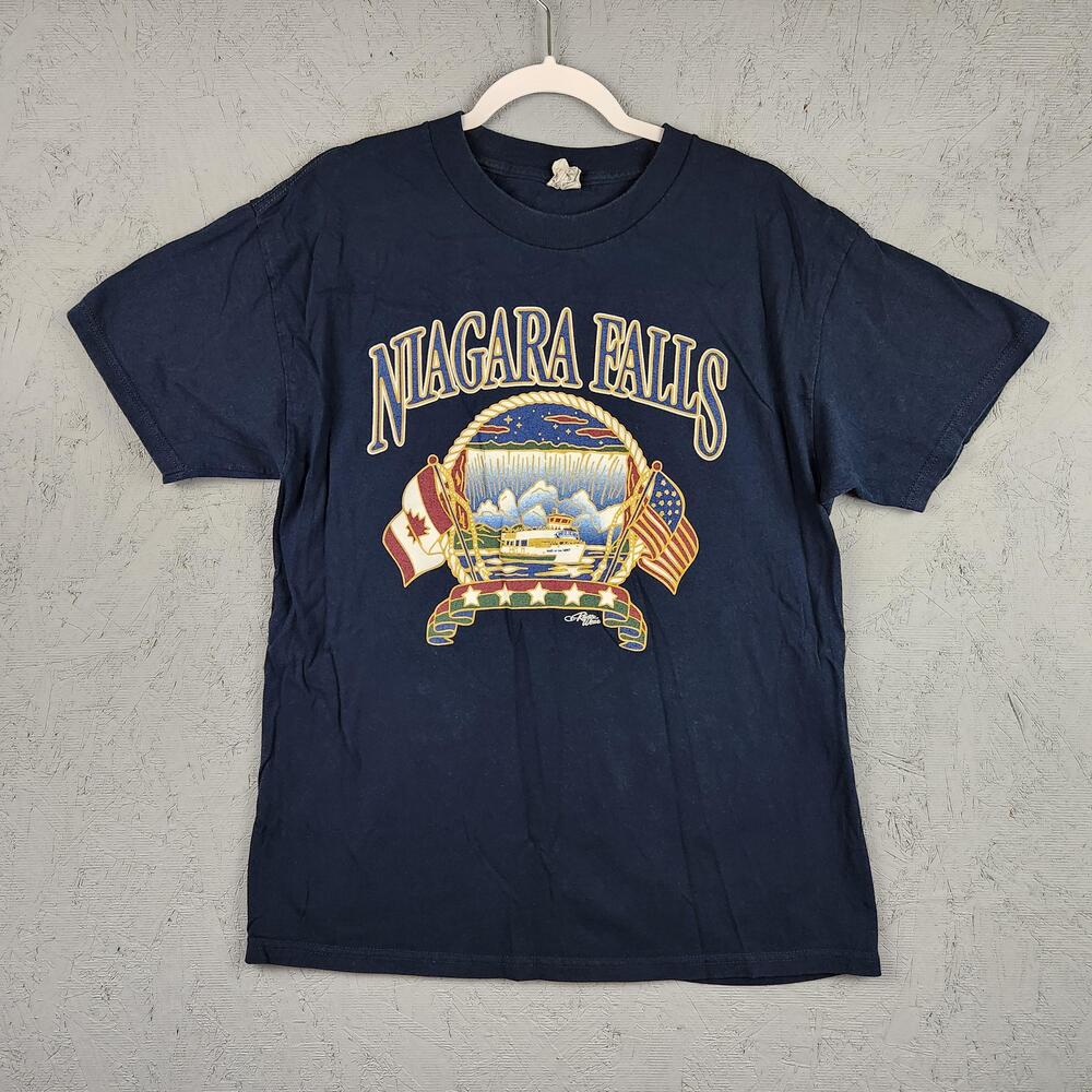 Niagara Falls Shirt Mens Large Navy Graphic Canada USA Flags River Wear Y2K